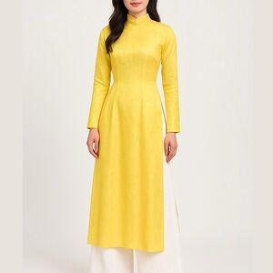 Ao Dai Yellow with White Pants Set of 2 Top And Bottom